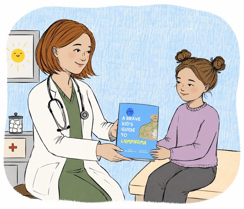 A doctor handing A Brave Kid's Guide to Lymphoma to a smiling young girl in an exam room