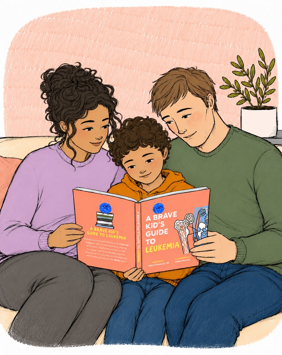 A mom, dad, and young boy reading A Brave Kid's Guide to Leukemia together on the couch