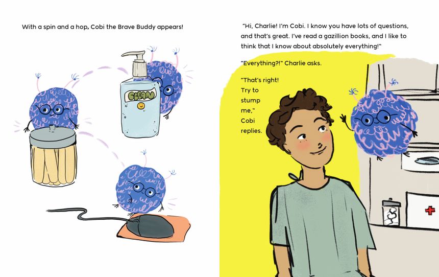 Two book pages: Cobi the Brave Buddy hops from a trash can to a hand sanitizer to a computer mouse, then says hello to Charlie, who sits in a hospital gown.