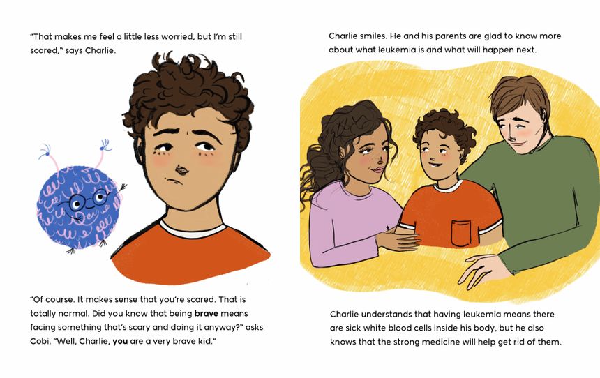Two book pages: Cobi floats beside a worried Charlie, then Charlie smiles between his mom and dad.