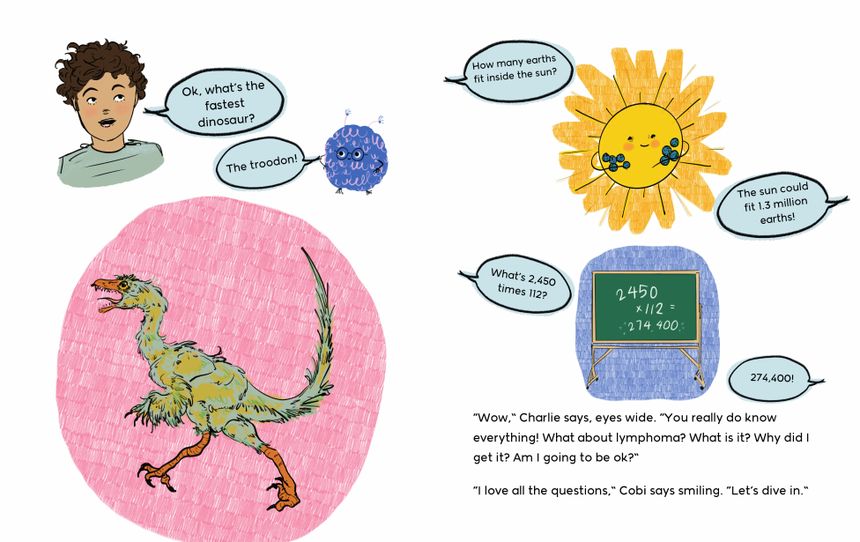 Two book pages: Charlie tries to stump Cobi with questions about the fastest dinosaur, how many Earths fit inside the sun, and a big math problem, and Cobi knows every answer.