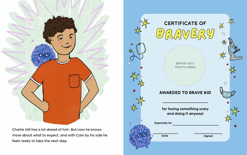 Two book pages: Charlie stands proudly with Cobi on his shoulder, next to a Certificate of Bravery with space for a brave kid's photo and name.