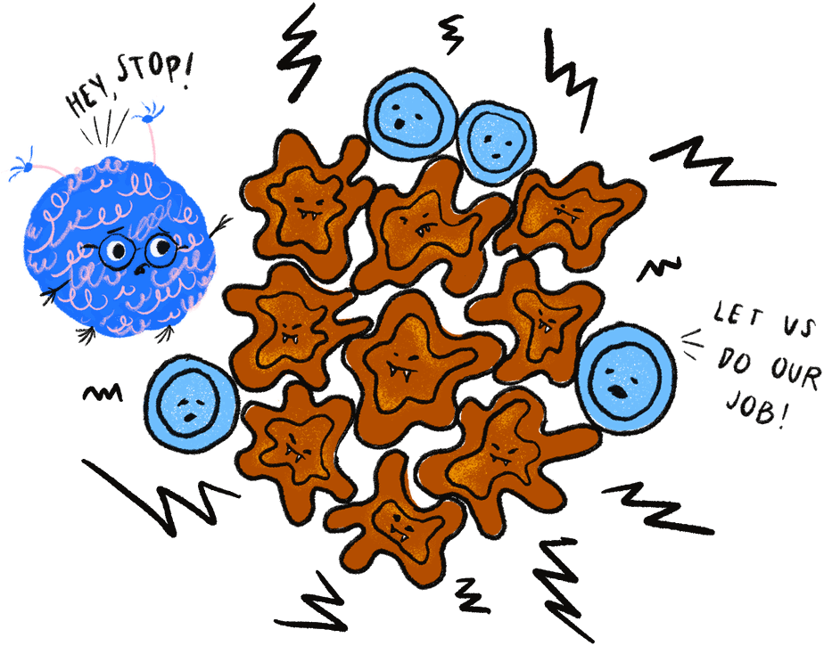 Book illustration: Cobi the Brave Buddy shouts Hey, stop! at a cluster of grumpy cancer cells crowding out healthy blue cells